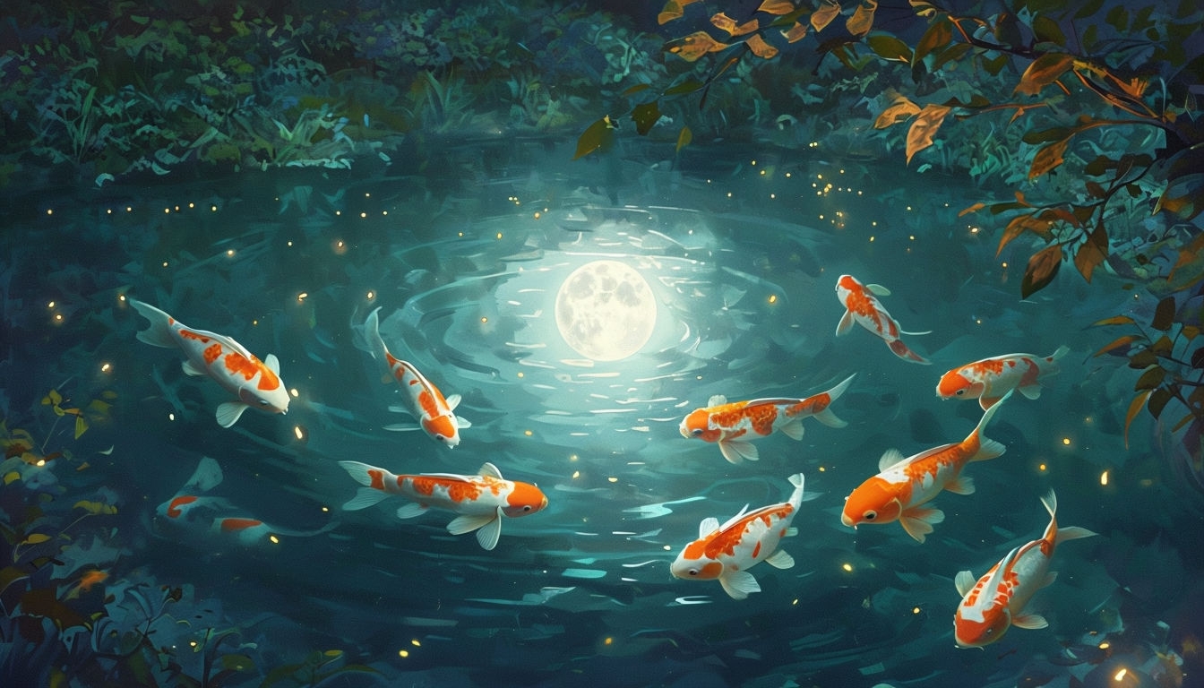 Vibrant Koi Fish Night Pond Digital Art Background