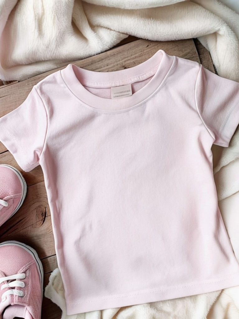 Minimalist Light Pink Child T-Shirt Flat Lay Mockup