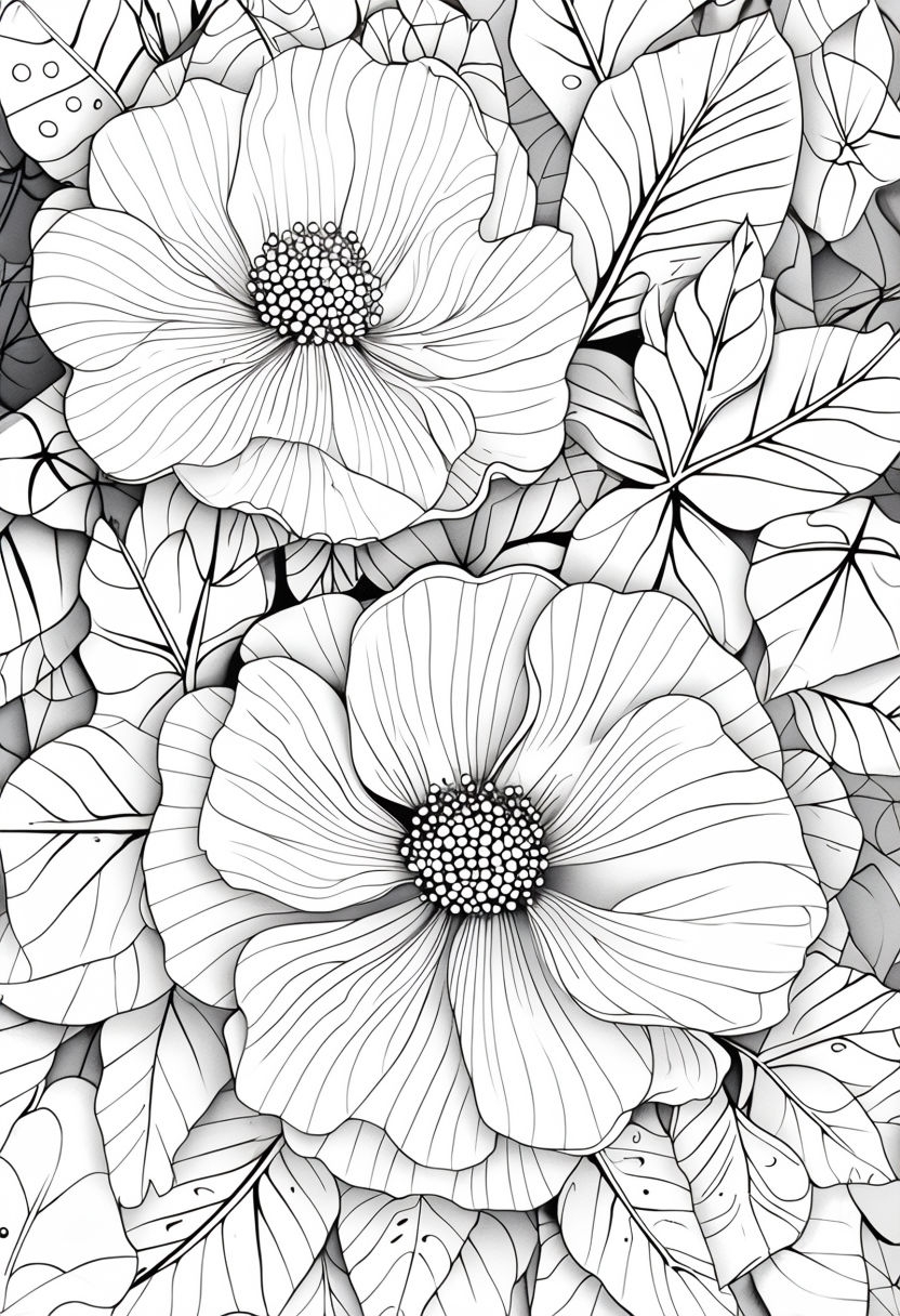 Intricate Black and White Stylized Flowers Line Drawing Coloring Book Pages