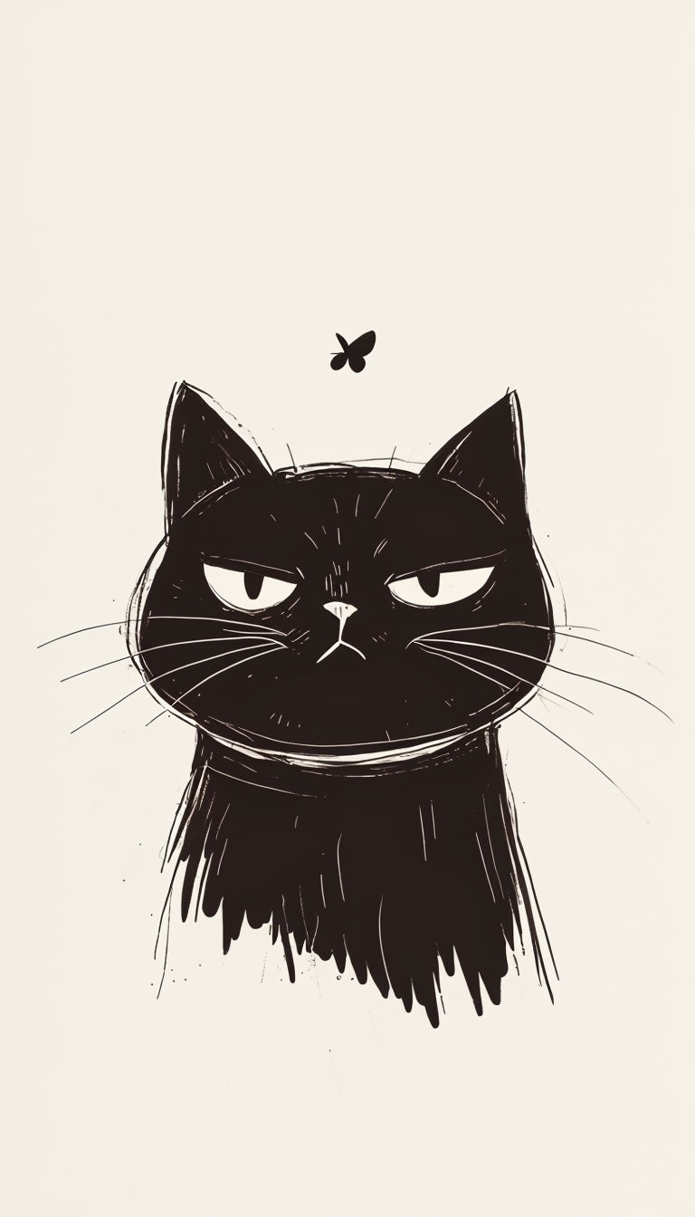Minimalist Black Cat with White Eyes and Butterfly Illustration Phone Case Cover