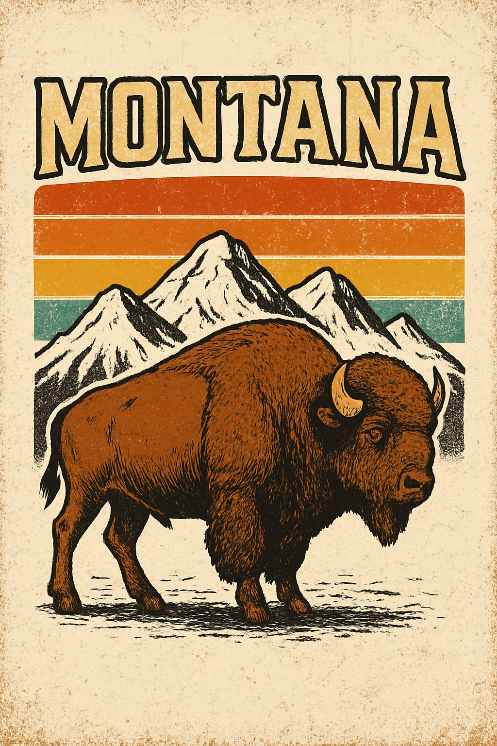 Vintage American Bison Illustration with Mountain Landscape Poster