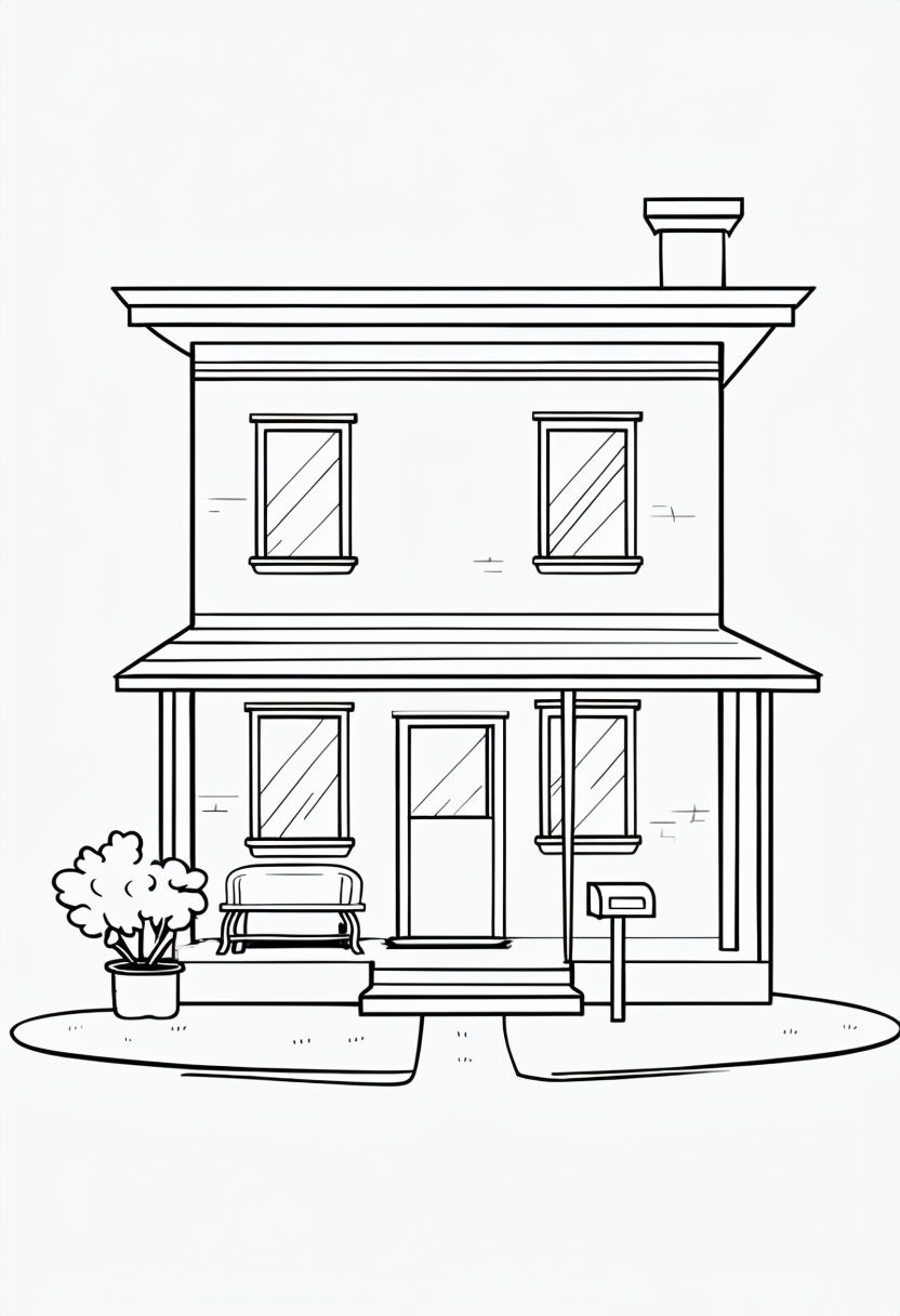 Charming Two-Story House Black and White Line Art Coloring Book Pages