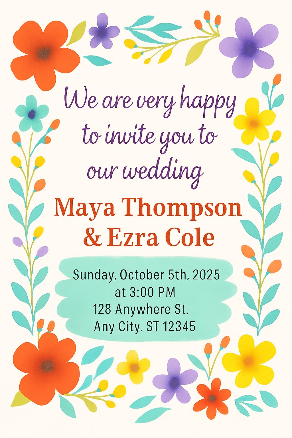 Vibrant Floral Wedding Invitation Card with Whimsical Design Cards & Invites