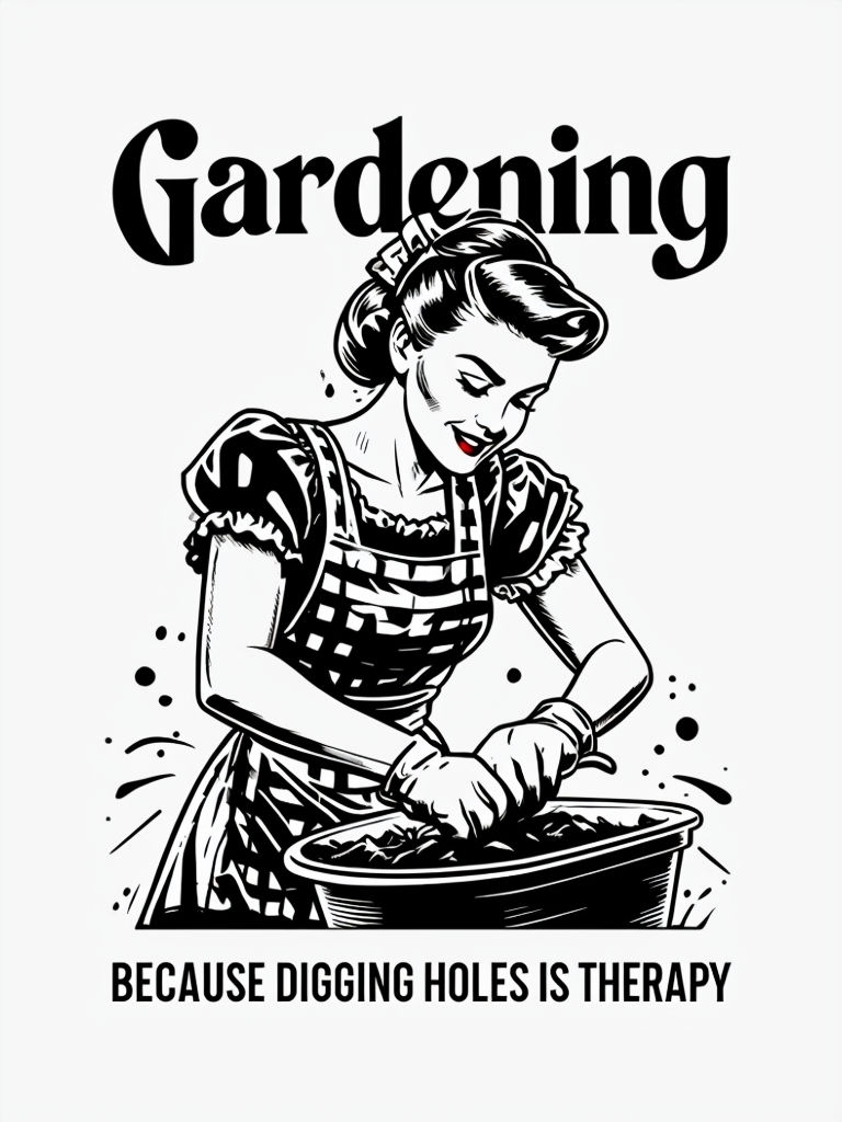 Vintage Pin-Up Gardening Humor Illustration with Therapy Quote Meme