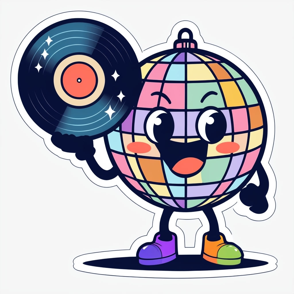 Cheerful Cartoon Disco Ball Character with Vinyl Record Sticker