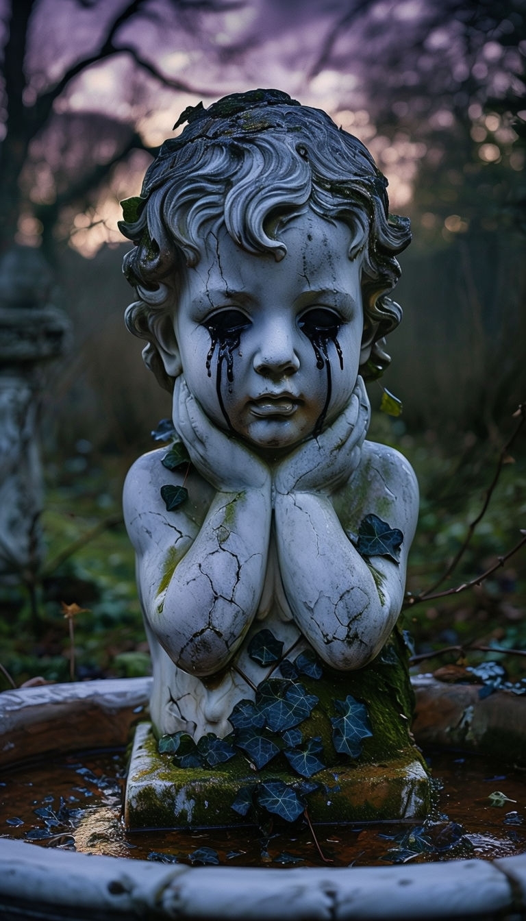 Weeping Cherub Fountain in Overgrown Garden Art