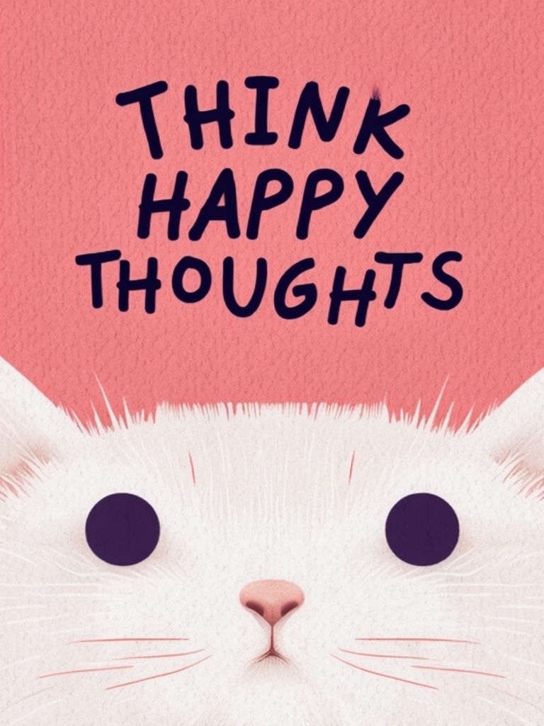 Whimsical Cat Illustration with Happy Thoughts Text Poster