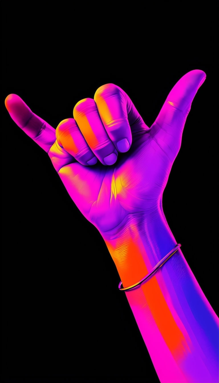 Vibrant Neon Shaka Gesture Hand Illustration on Black Background Mobile Wallpaper