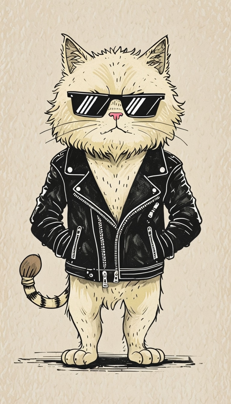 Cool Cartoon Cat in Leather Jacket Illustration Phone Case Cover