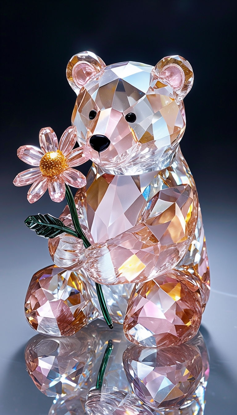 Elegant Crystal Bear Sculpture with Vibrant Flower Mobile Wallpaper