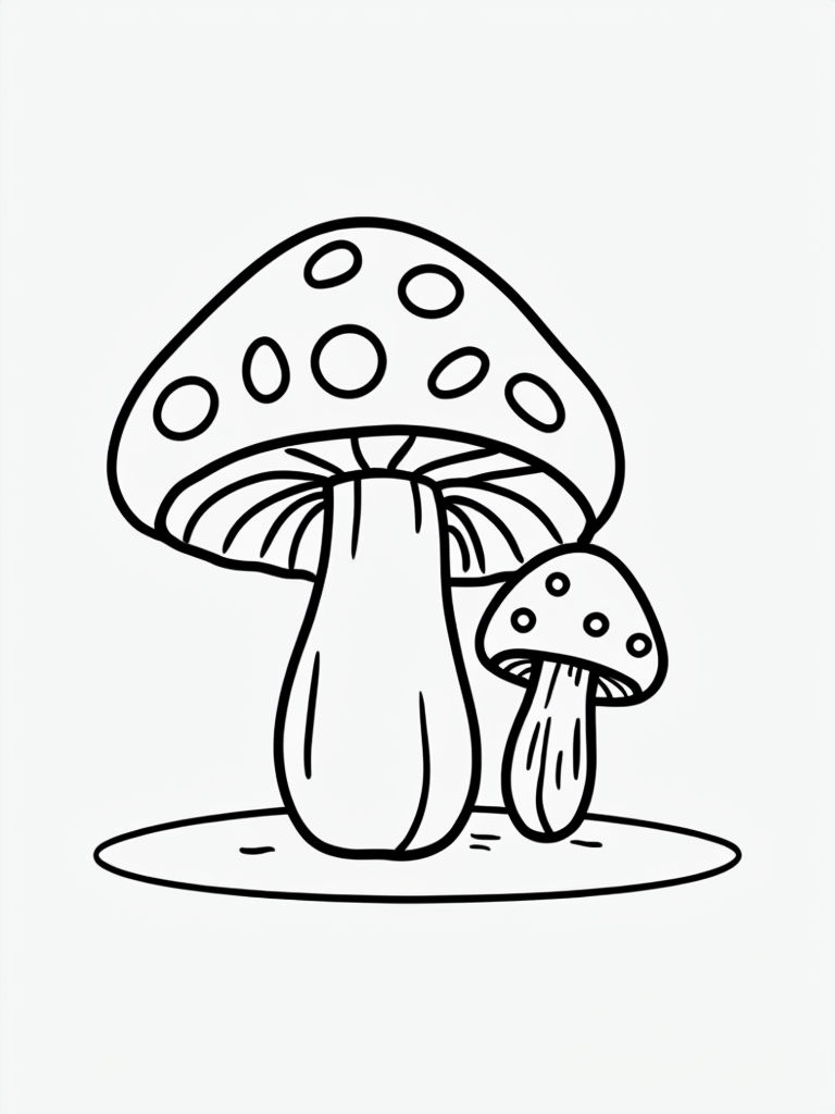 Minimalist Line Drawing of Two Whimsical Mushrooms Coloring Book Page