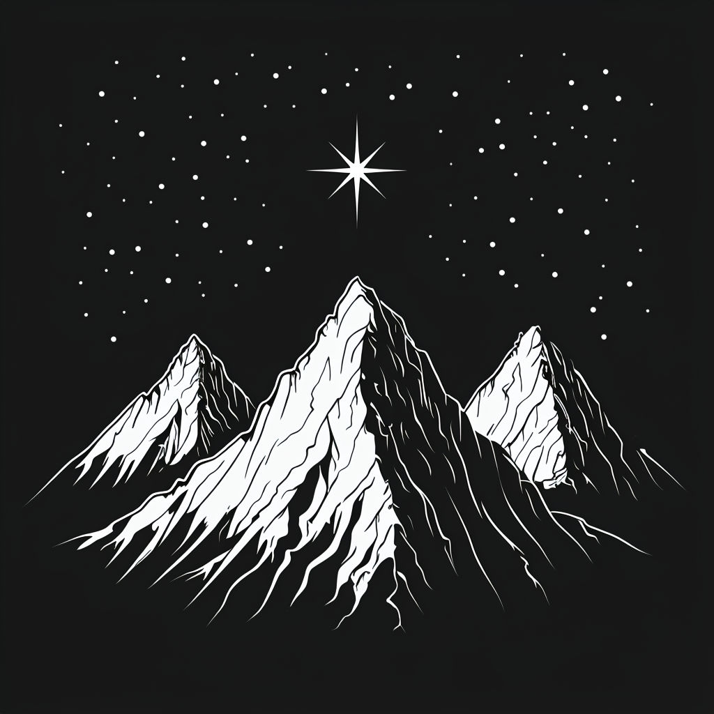 Minimalist Mountain Peaks and Stars Line Drawing T-Shirt