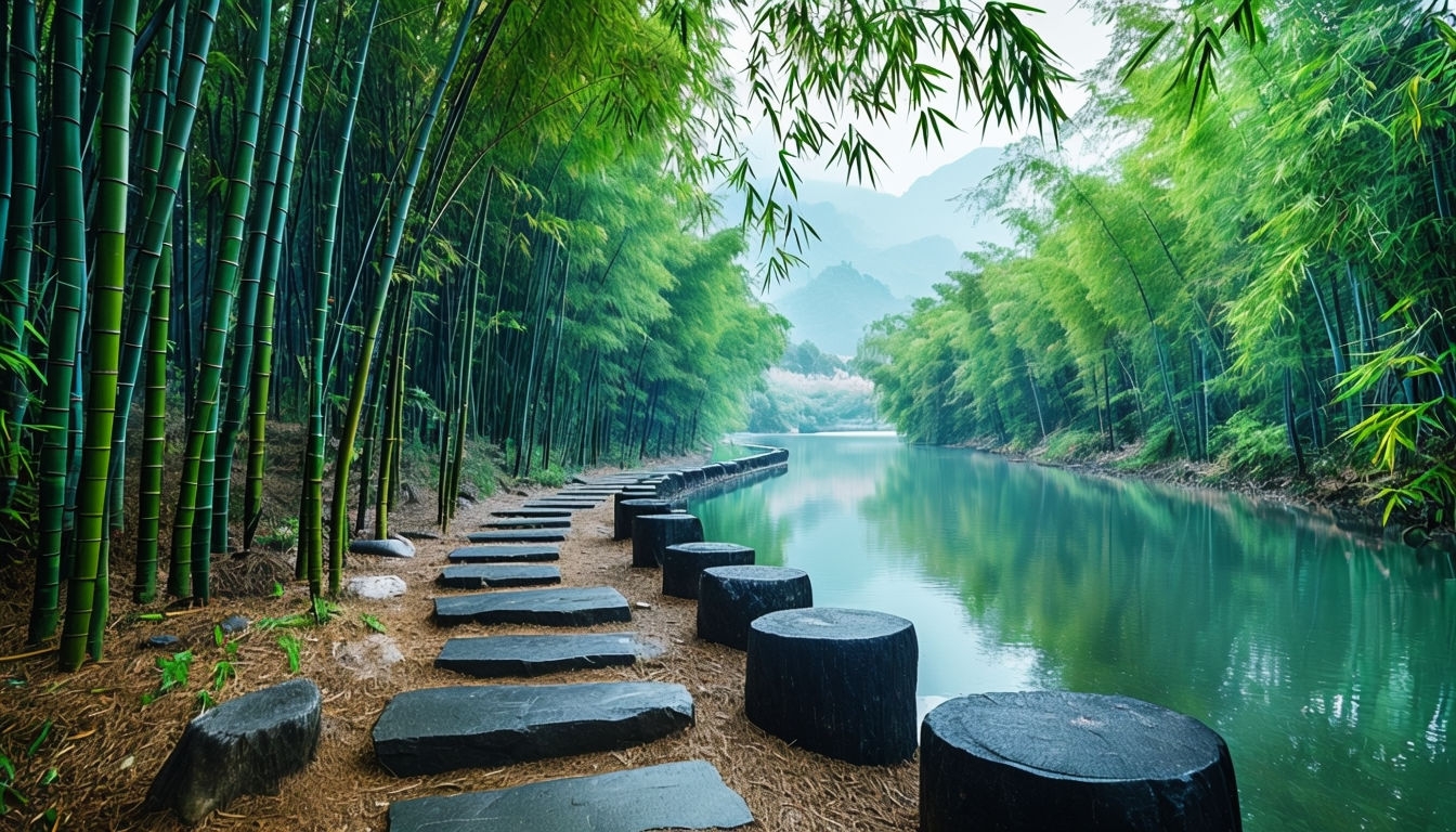 Serene Bamboo Forest Pathway Overlooking Calm Water Virtual Backgrounds