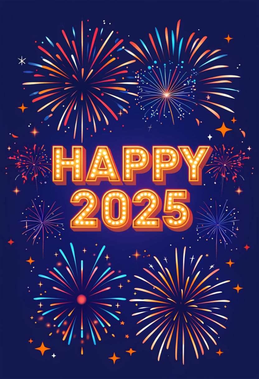 Festive Happy 2025 Retro Marquee Fireworks Celebration Card