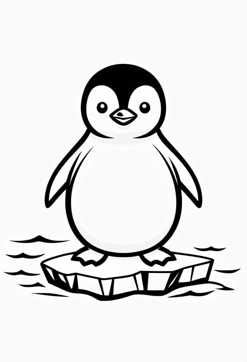 Cute Penguin Character Line Art on Ice Floe Coloring Book Pages