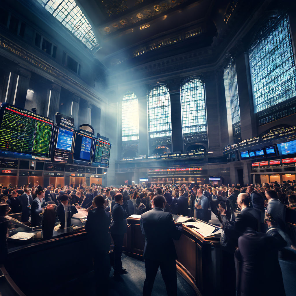 Create an image of a bustling stock exchange floor with trad... by ...