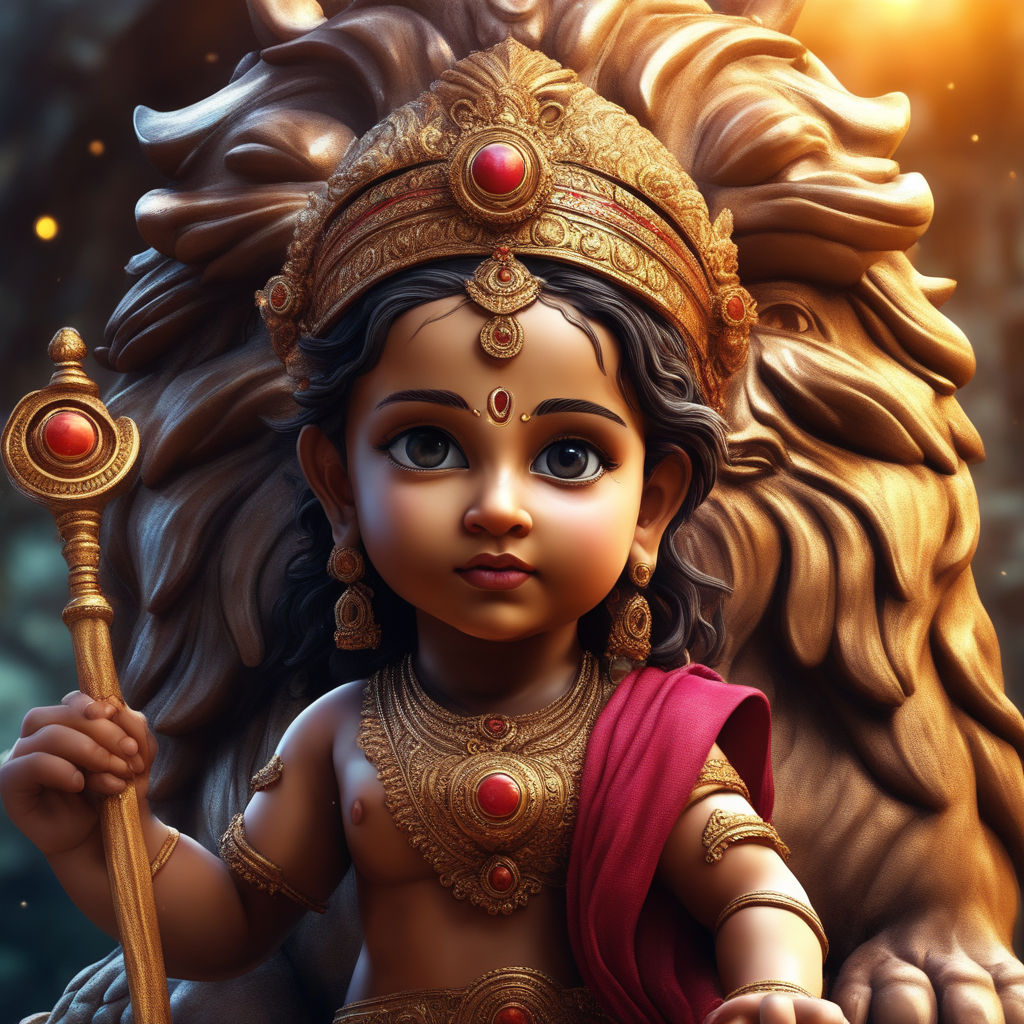 Cute Baby Goddess Durga On Lion With Dramatic Atmosphere By Chirag Muley Playground