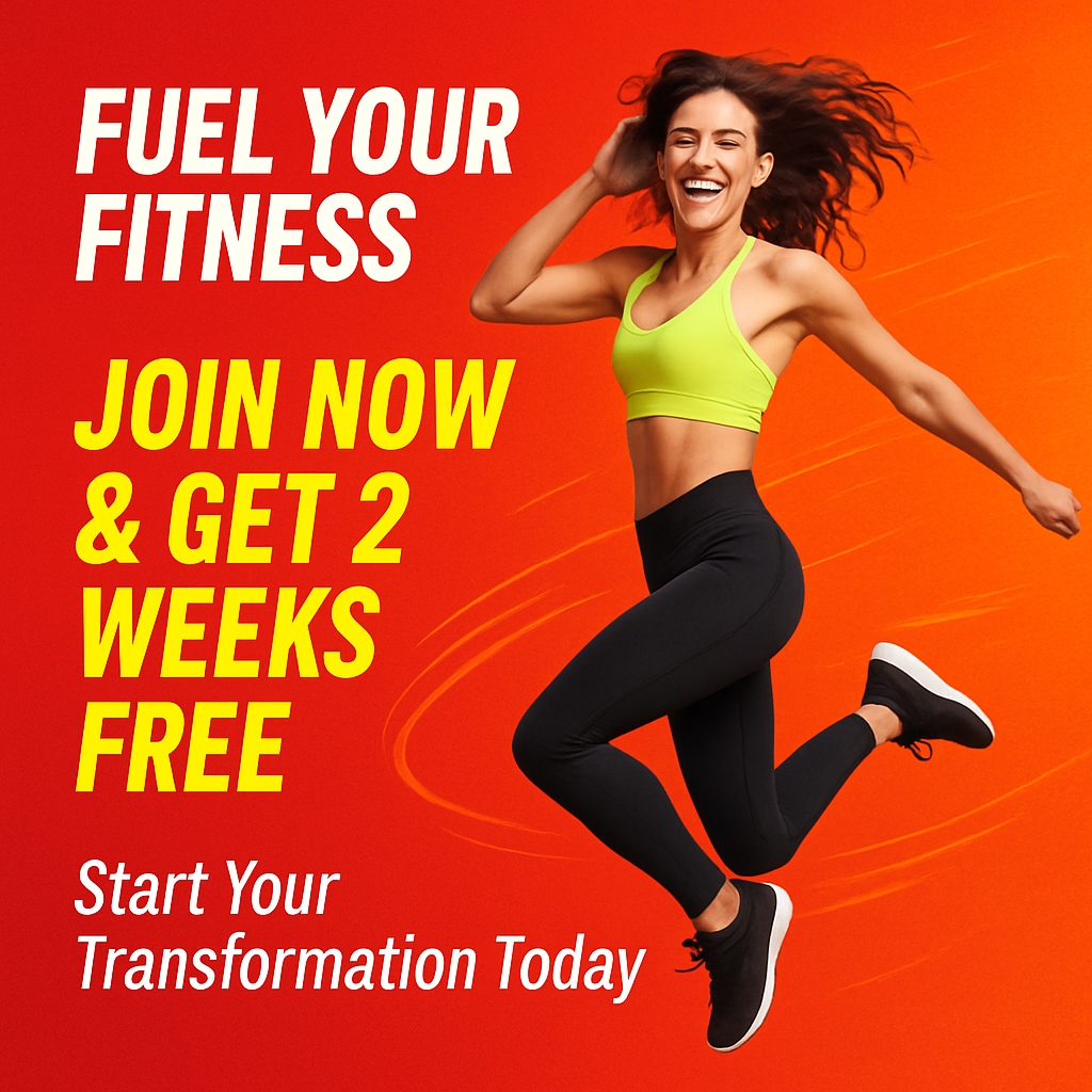 Vibrant Fitness Promotion with Energetic Woman in Mid-Air Leap Ads