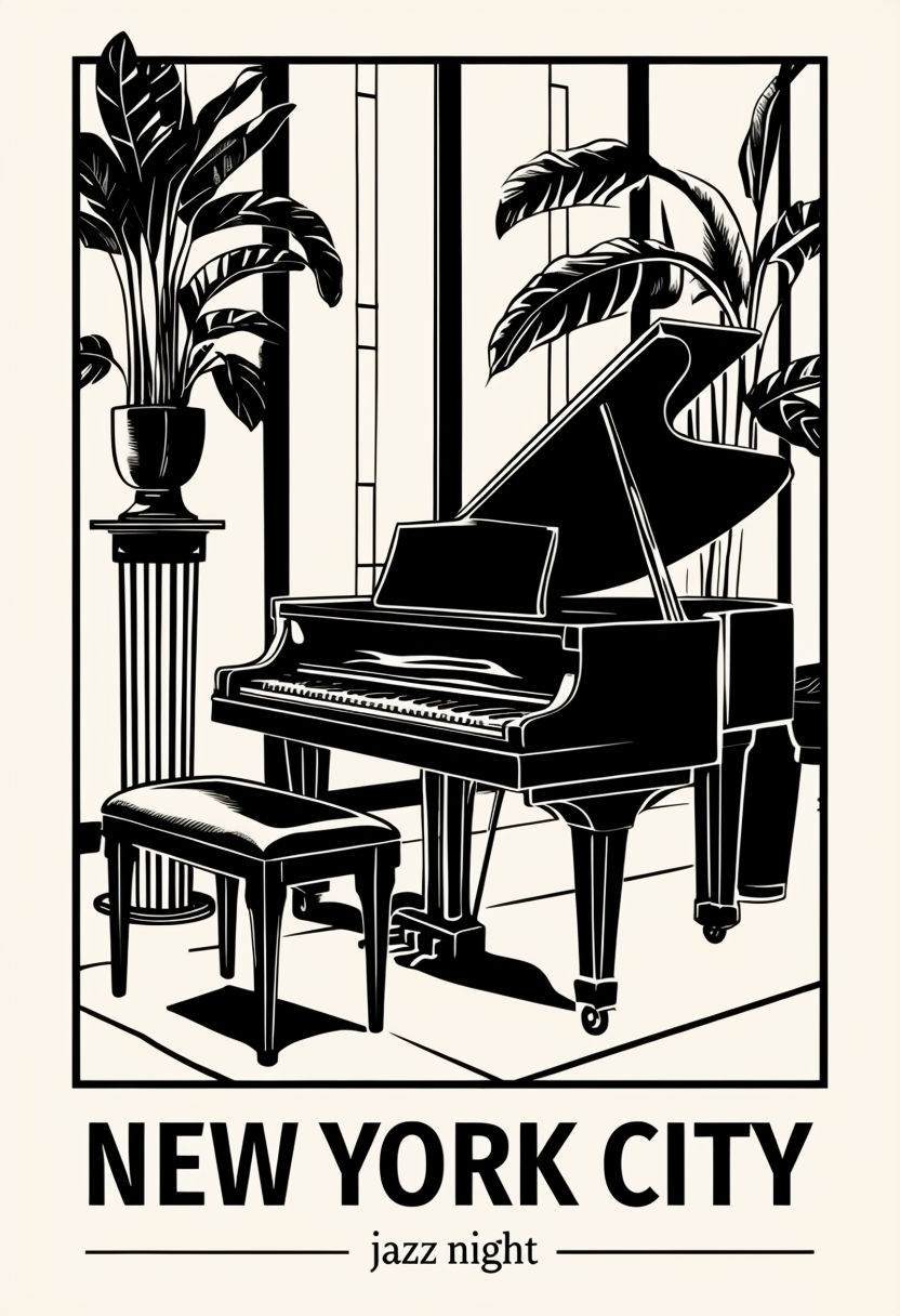 New York City Jazz Night Scene in Black and White Poster