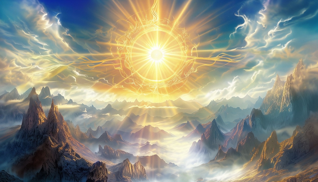 Radiant Fantasy Landscape with Majestic Sun Illustration for Virtual Backgrounds