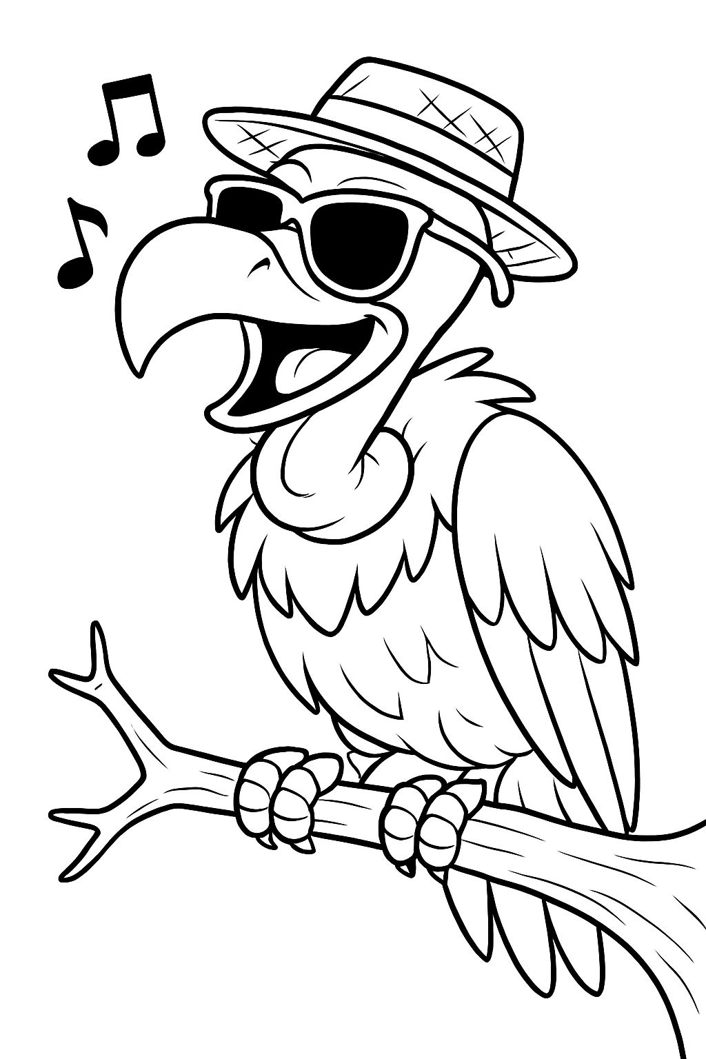 Cheerful Cartoon Vulture with Sunglasses Perched on Branch Coloring Book Page