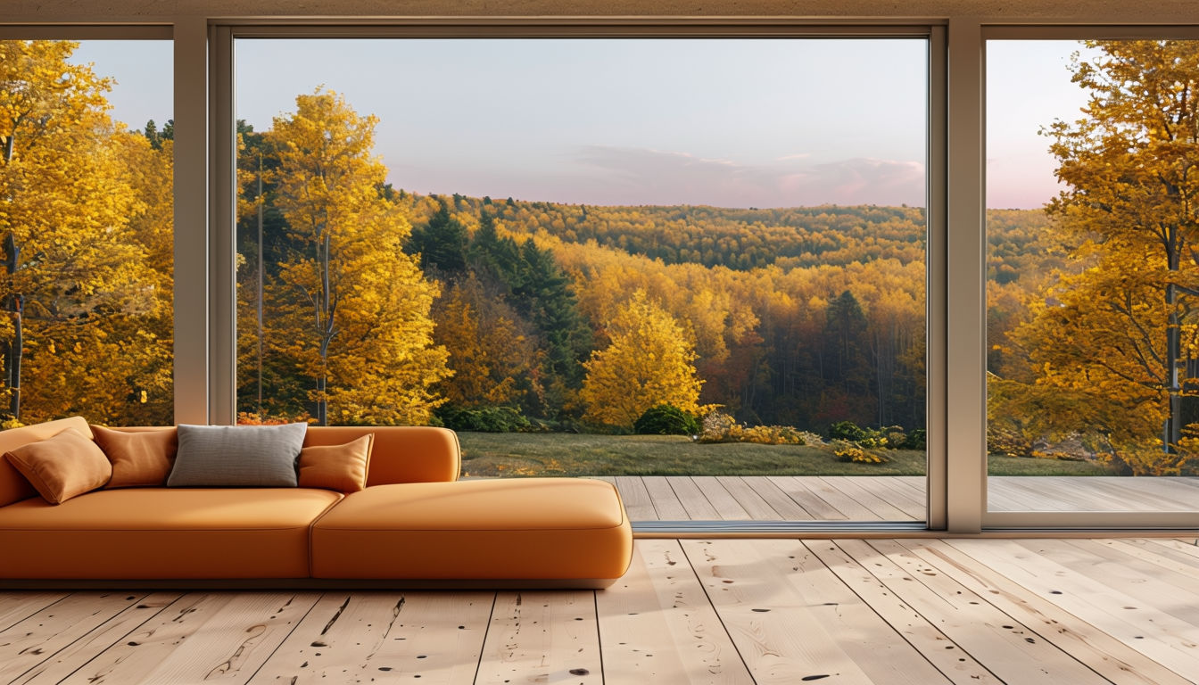 Serene Modern Interior with L-Shaped Orange Couch and Forest View Art