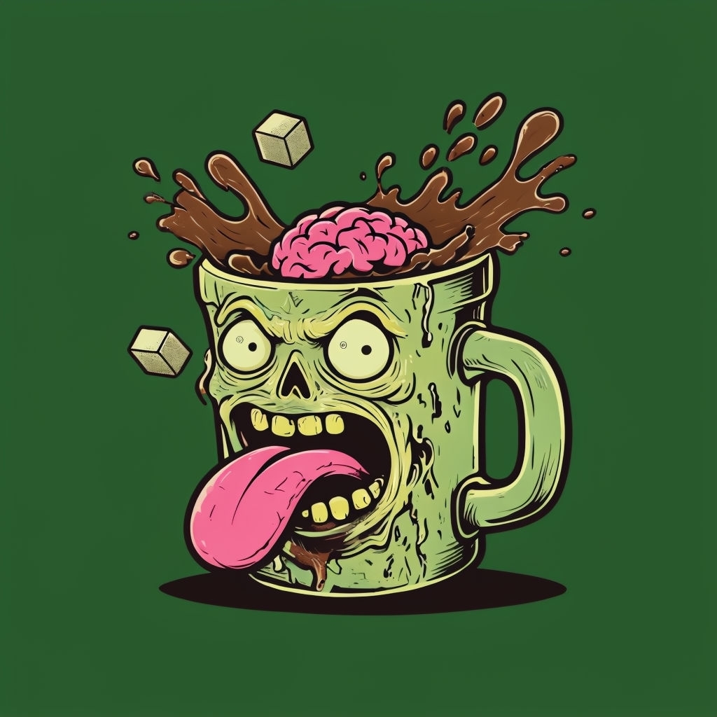 Humorous Zombie Coffee Mug Cartoon Illustration Poster