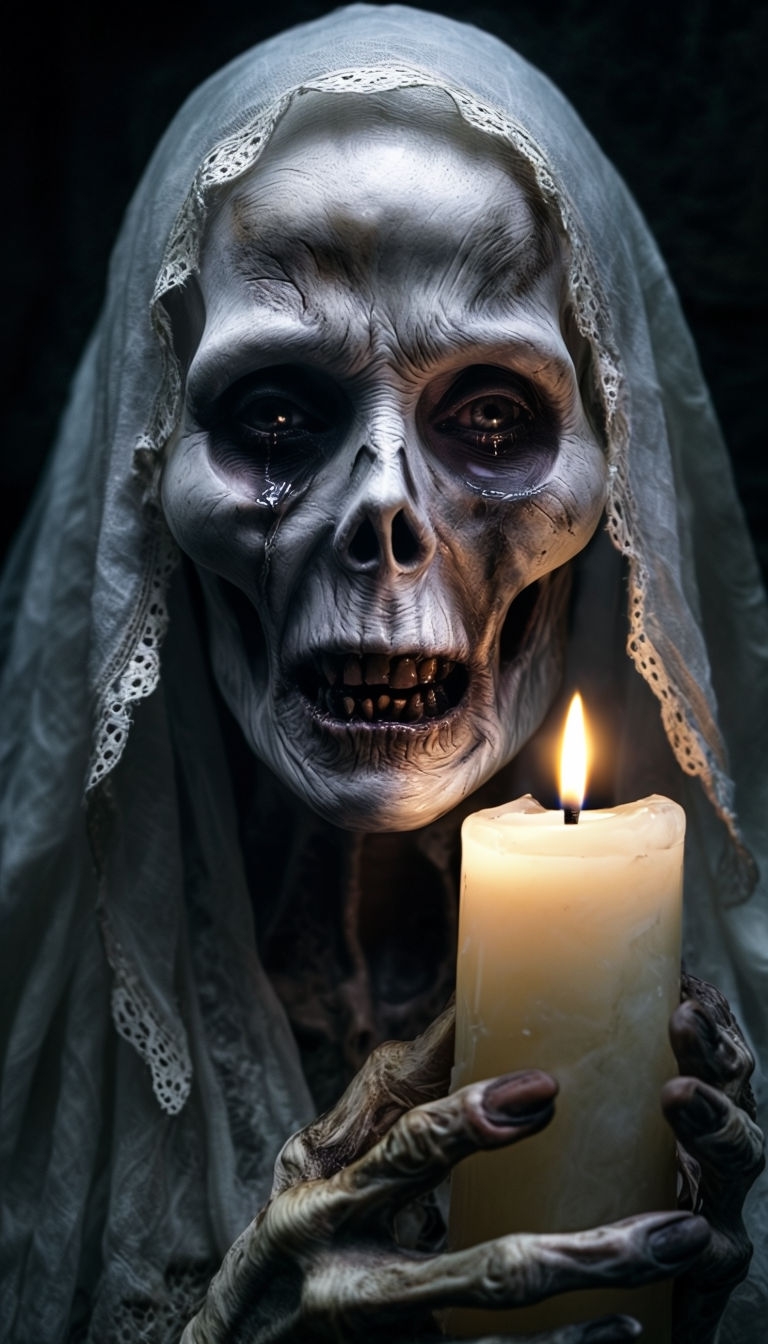 Eerie Ghostly Figure with Candle Close-Up Art