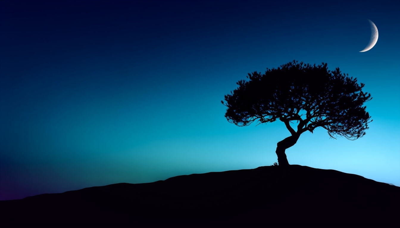 Serene Minimalist Nocturnal Landscape with Twisted Tree Virtual Backgrounds