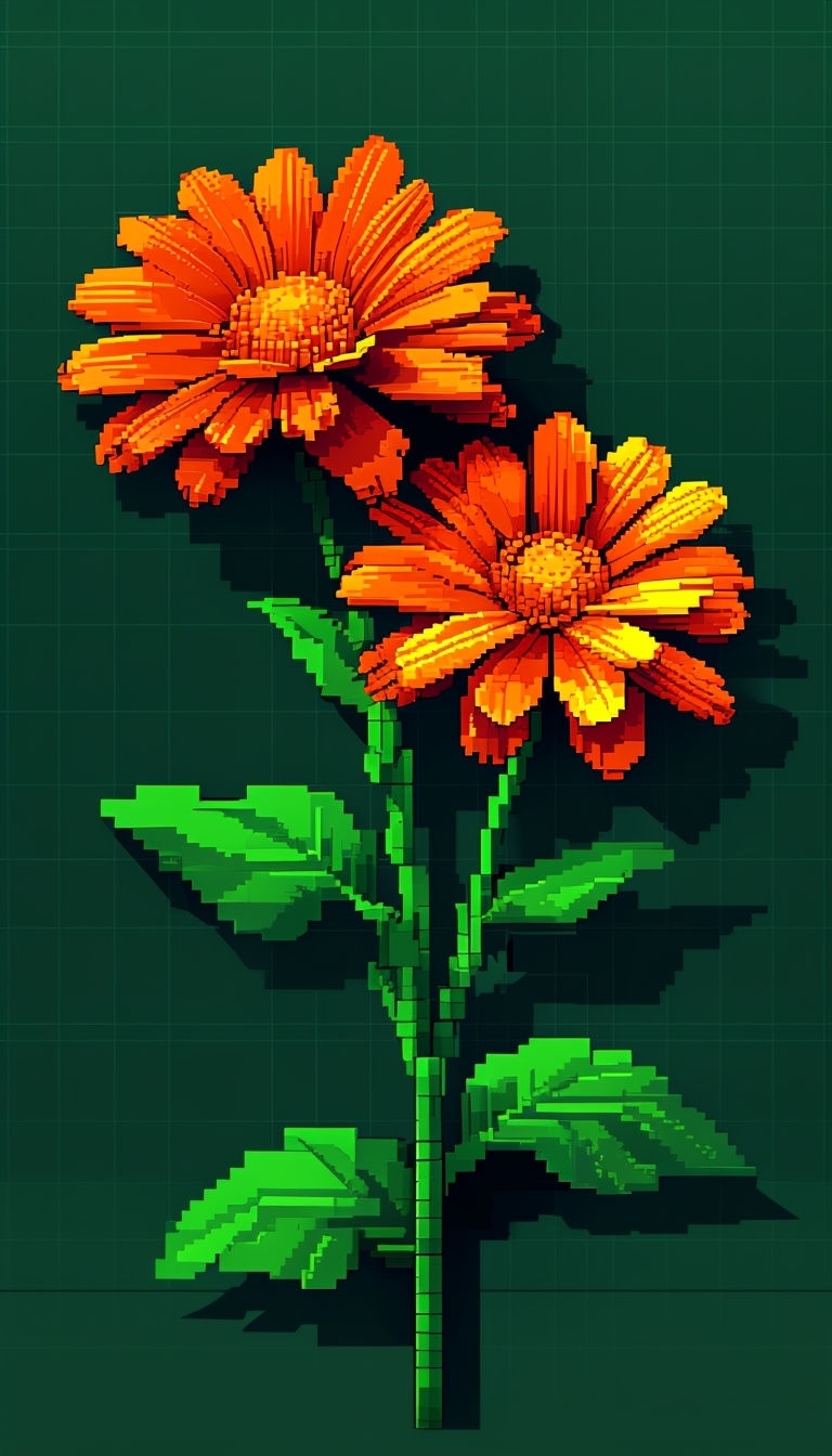 Vivid Orange Pixelated Flowers in Retro 8-Bit Style Poster