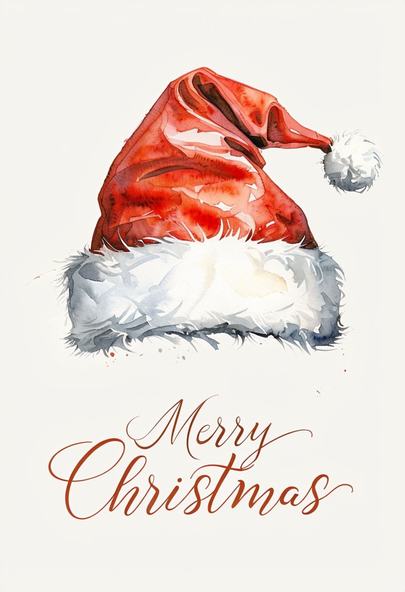 Elegant Watercolor Santa Hat with Merry Christmas Greeting Card