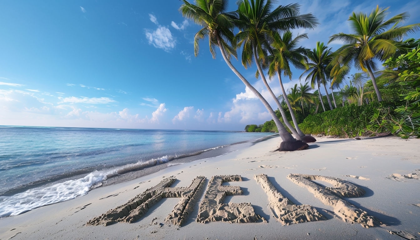 Urgent Tropical Beach Scene with Help Message and Palm Trees Poster