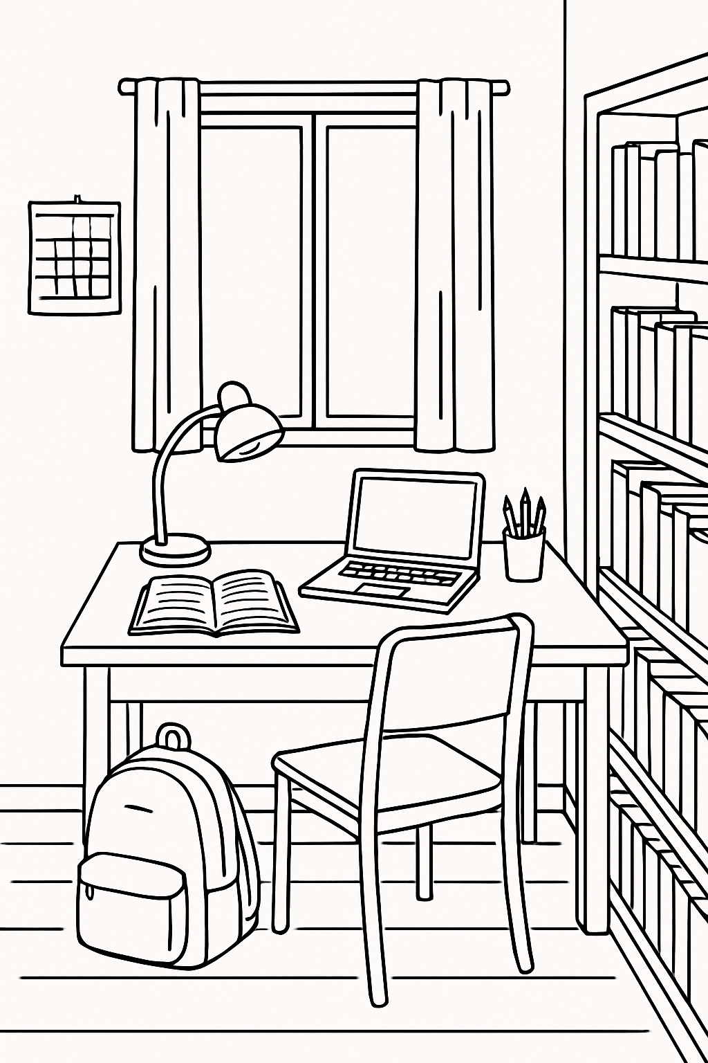 Black and White Study Room Line Drawing for Coloring Book Pages