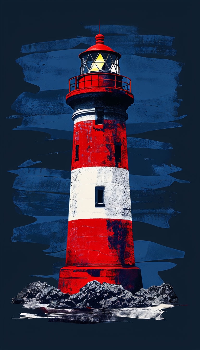 Bold Red and White Lighthouse with Coastal Rocks Mobile Wallpaper