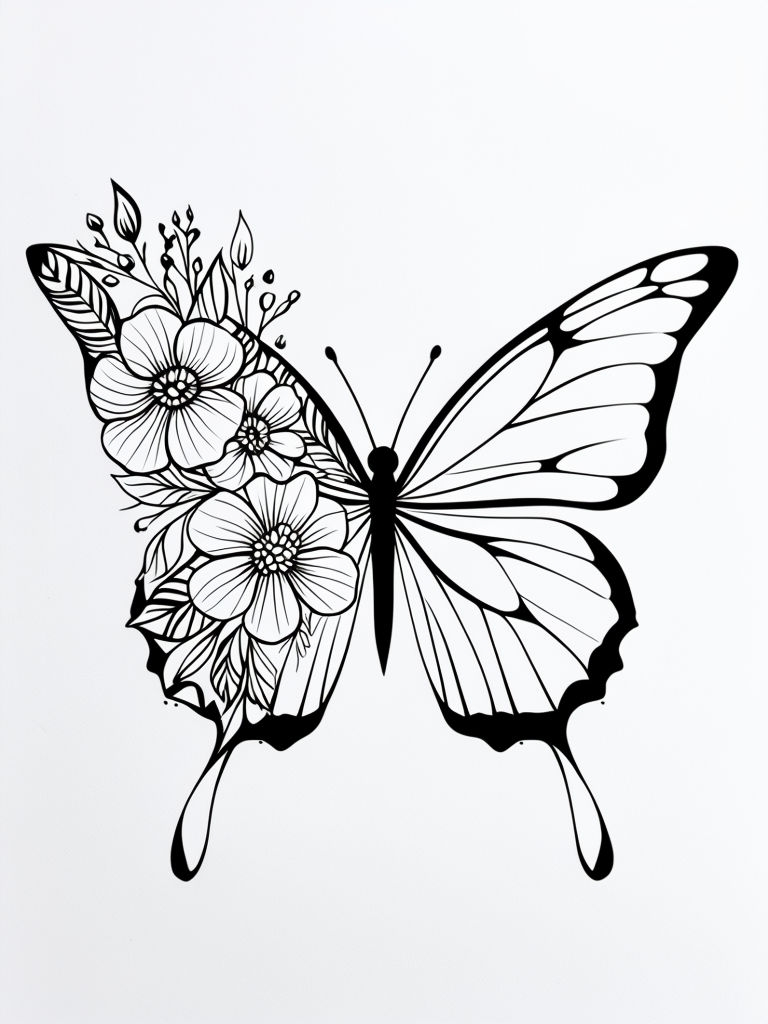 Elegant Black and White Ornate Butterfly Line Drawing Coloring Page