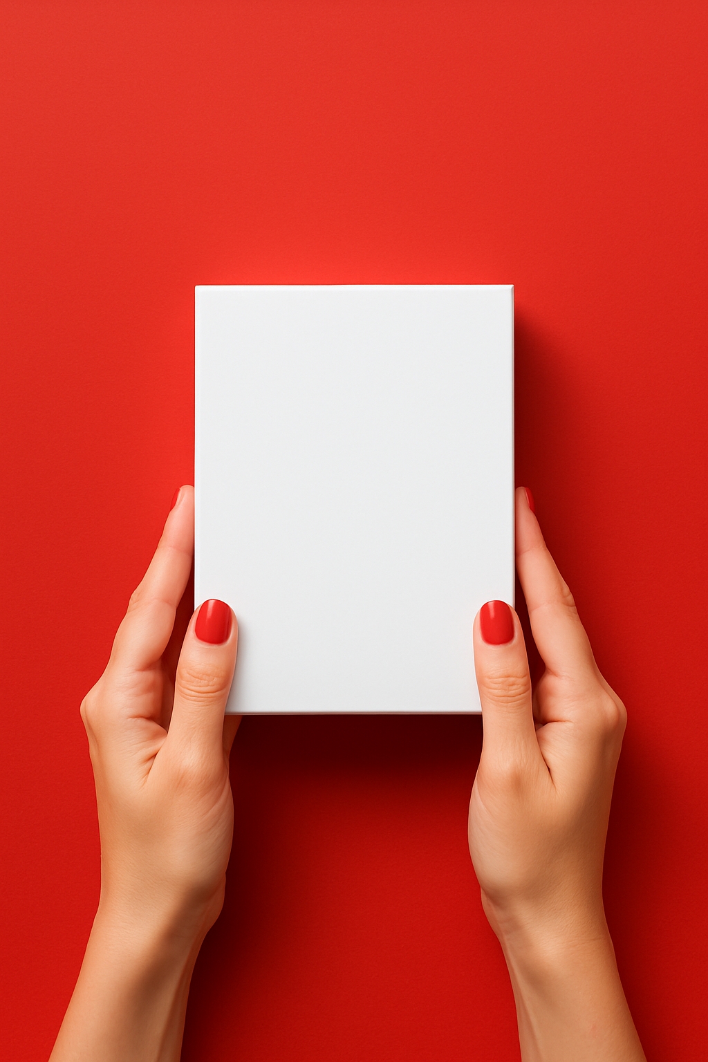 Minimalist Hands Holding a White Box on Vibrant Red Background Mockup