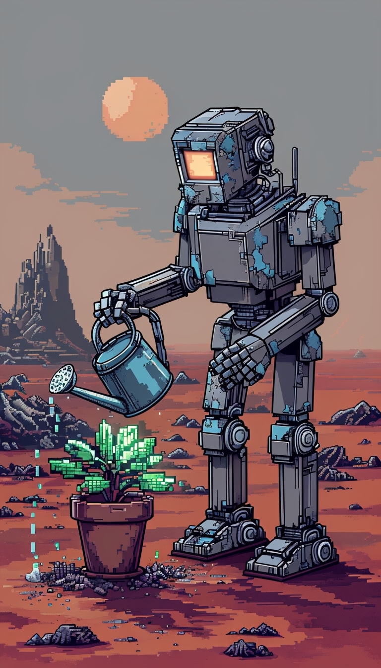 Pixel Art Robot Tending Bioluminescent Plant on Alien Planet Art