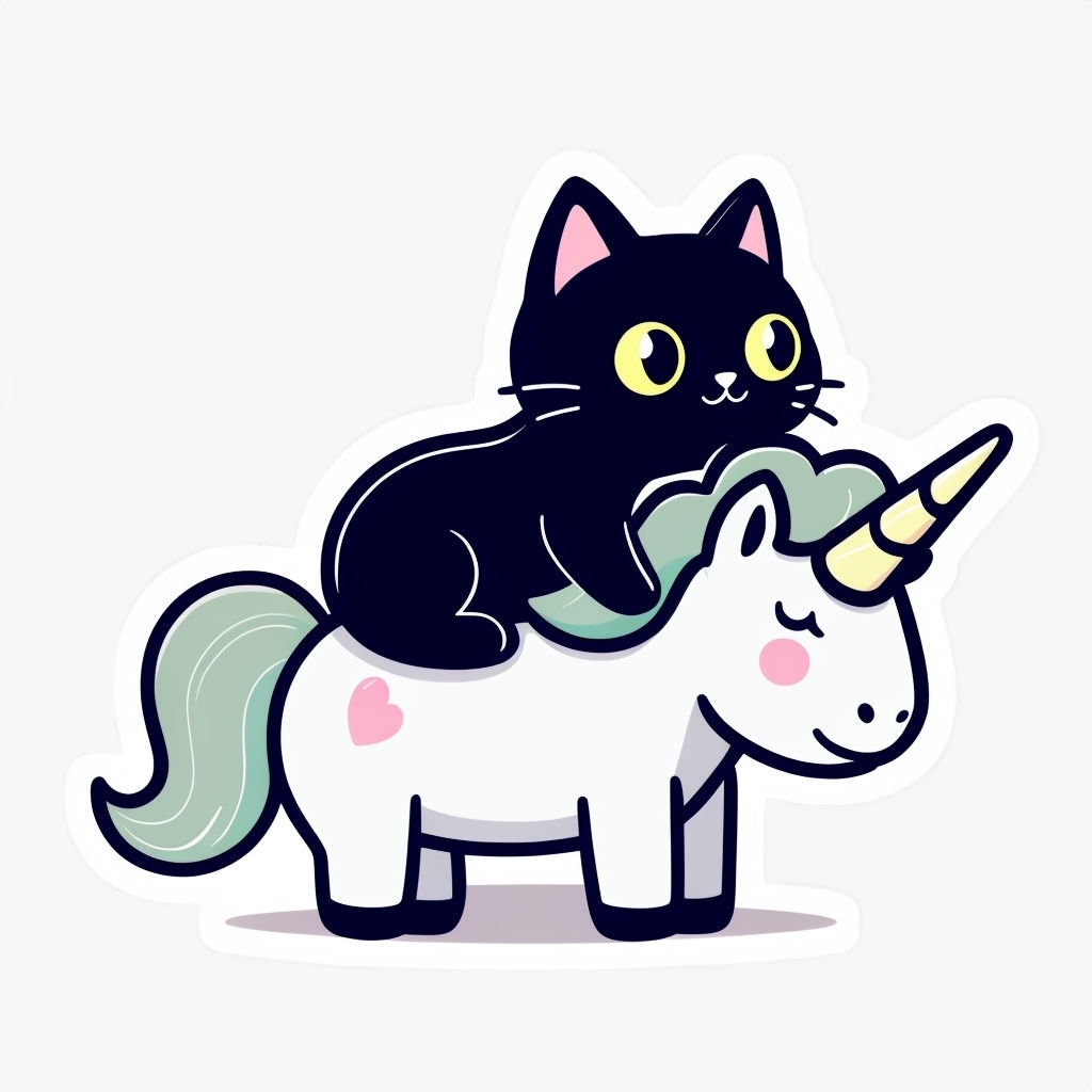 Playful Black Cat on a Unicorn Cartoon Illustration Sticker