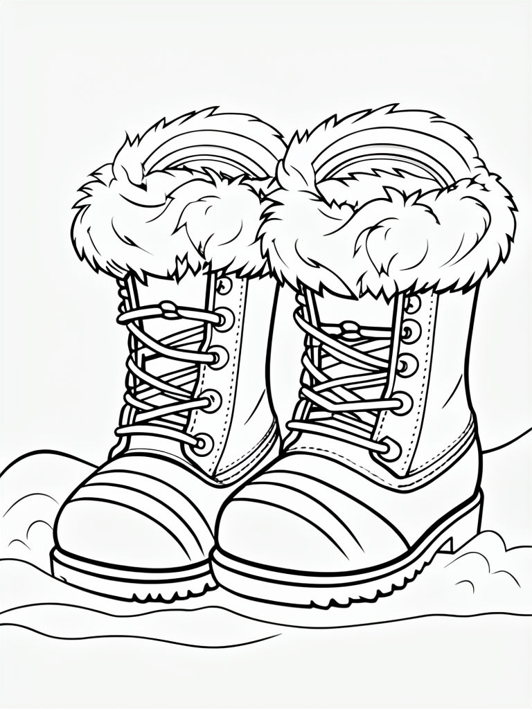 Winter Boots Coloring Page with Fluffy Fur Trim and Snow
