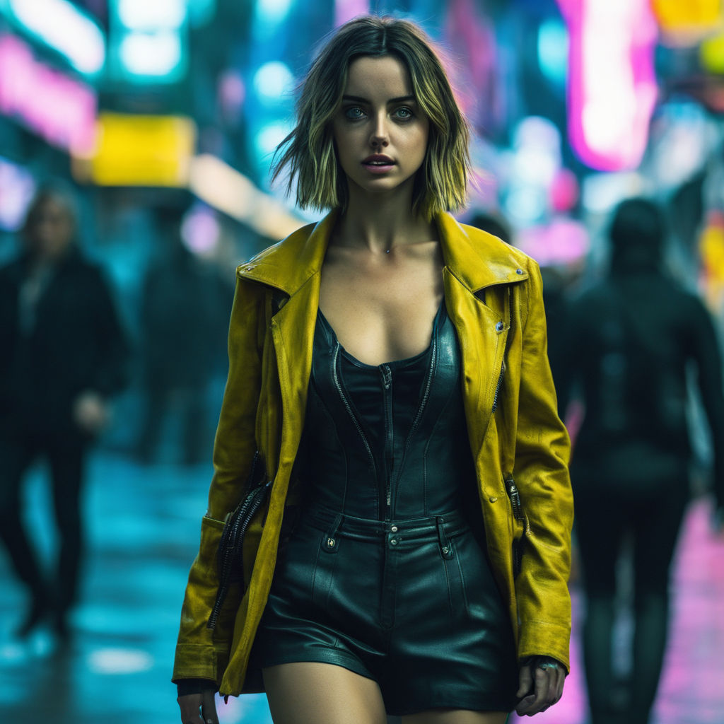 Ana de Armas showing cleavage in cyberpunk style