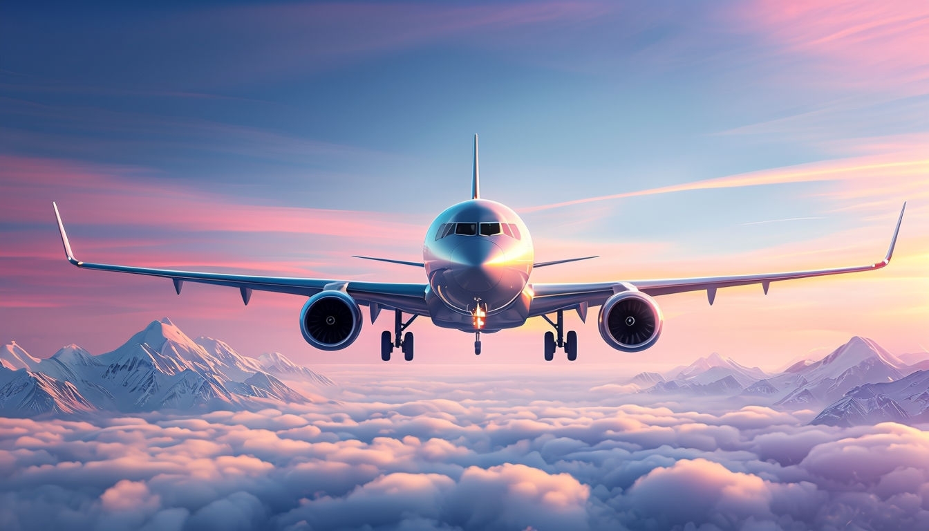 Majestic Airplane in Flight Against Colorful Sunset Background Virtual Backgrounds