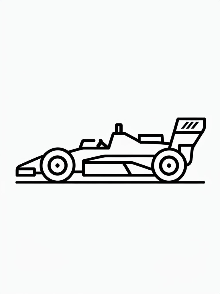 Minimalist Black Line Drawing of a Race Car Coloring Book Page