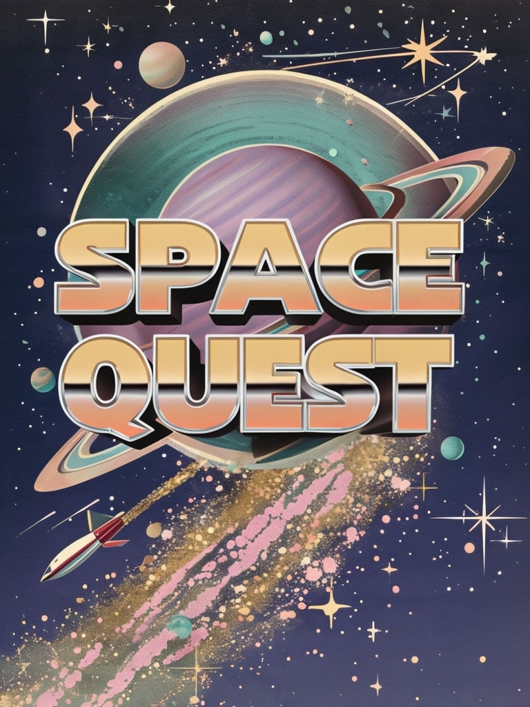 Retro Cosmic Space Quest 3D Text Art Poster