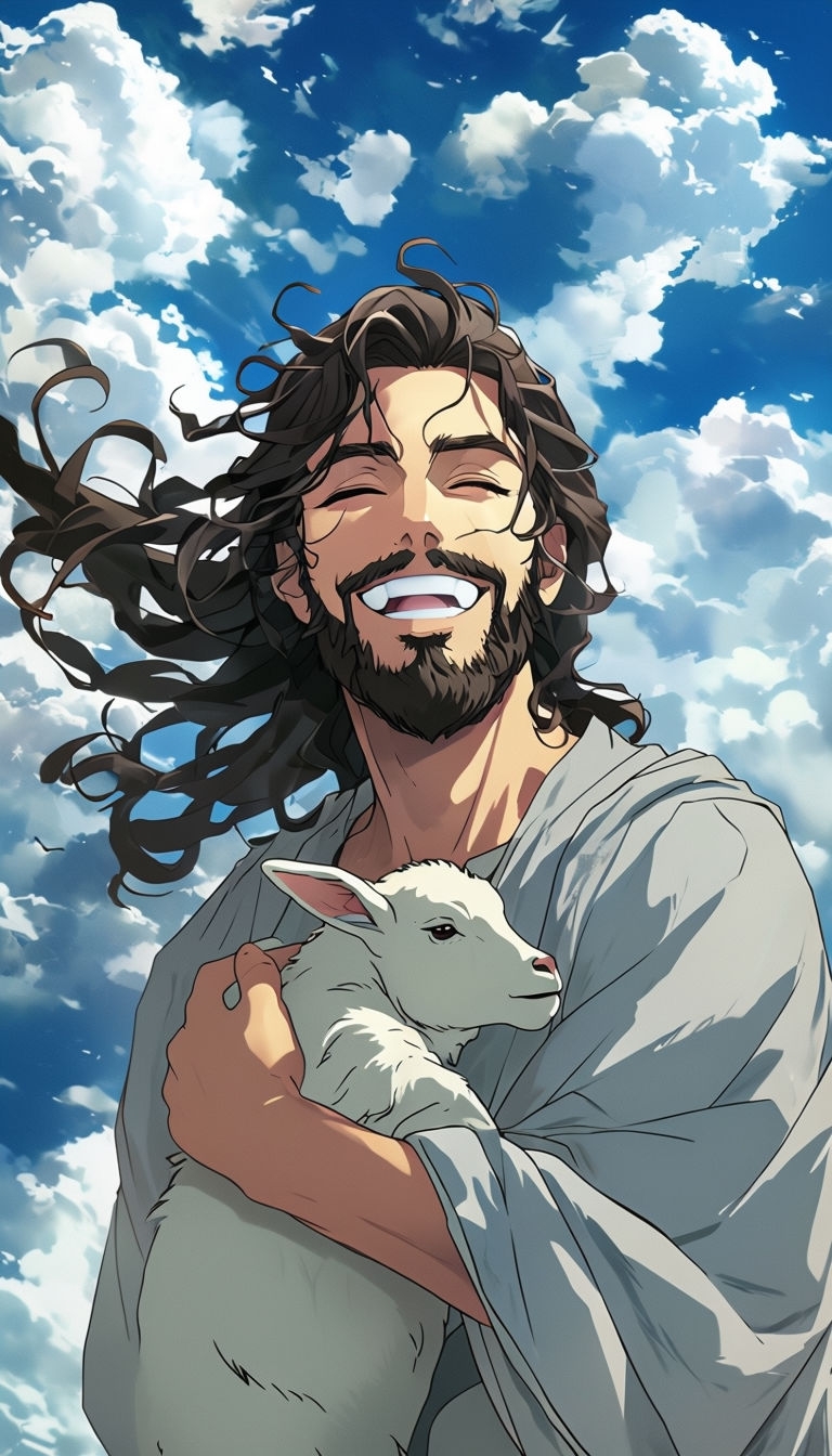 Joyful Anime Jesus Illustration Holding a Lamb in His Arms Poster