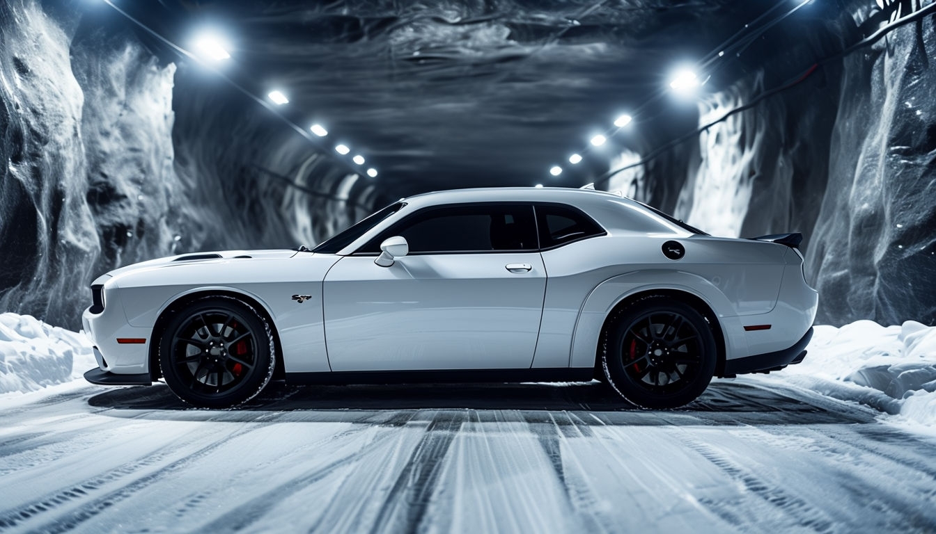 Sleek White Muscle Car in Dramatic Tunnel Setting Background Virtual Backgrounds