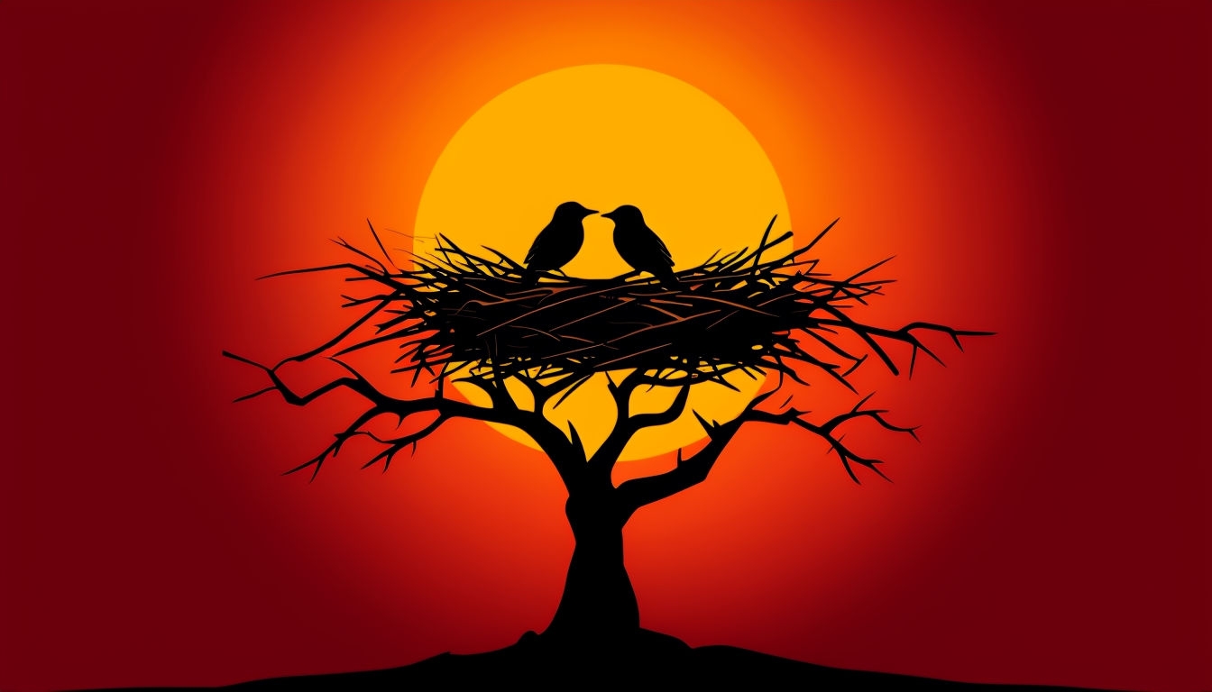 Silhouetted Birds and Nest Against Bright Sun Digital Art Background