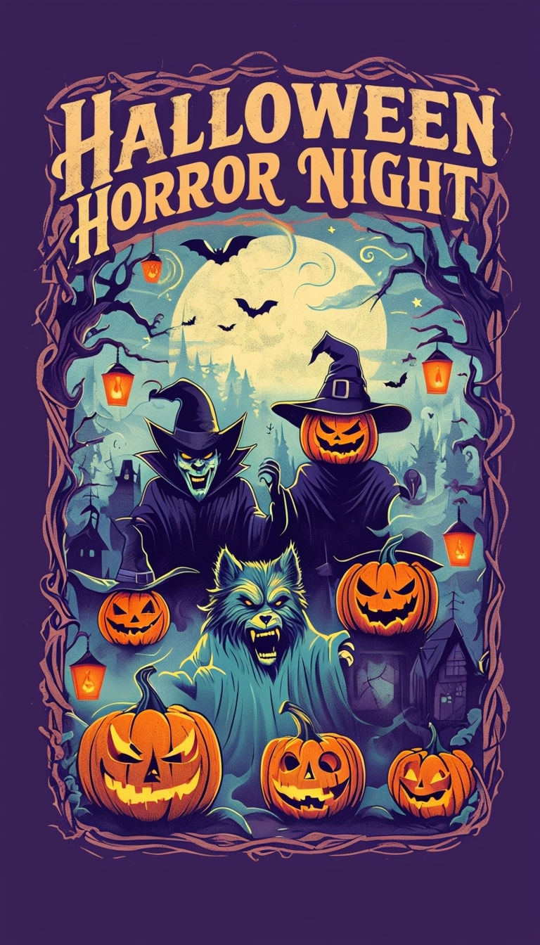 Halloween Horror Night Retro Poster with Pumpkin-Headed Characters