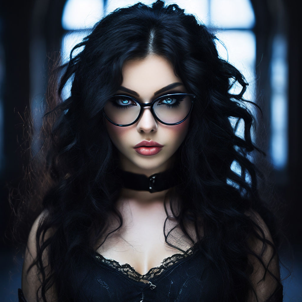 A goth girl with fishnets and long curly black hair parted d... by ...