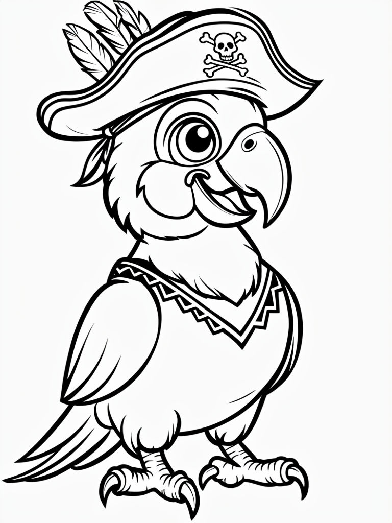 Cheerful Pirate Parrot Outline Drawing for Coloring Book Pages