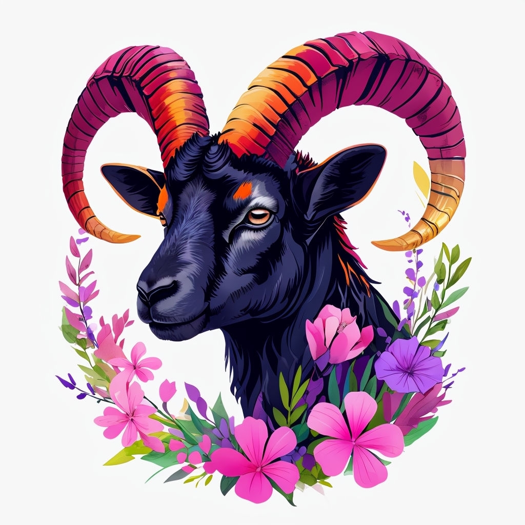 Vibrant Black Ram's Head with Floral Elements Mug